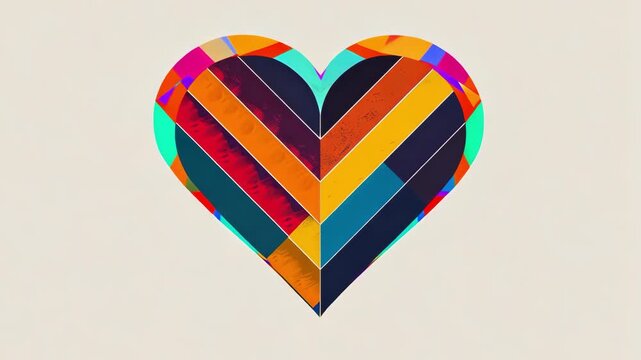 Multicolored geometric heart made of angular striped segments on neutral background, modern love symbol, creative valentine design, minimal graphic art.