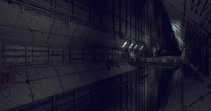 dark abstract hull interior with purple ambient glow, textured panels, riveted seams and deep shadows creating futuristic, cinematic mood and sense of confined