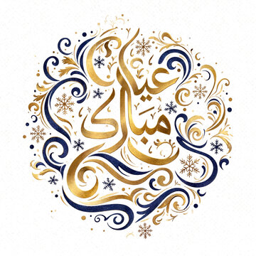 Beautiful golden arabic calligraphy with intricate snowflakes and elegant swirls design isolated illustration