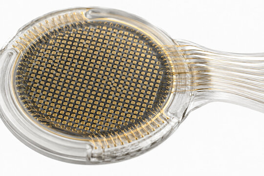 Close-up of a transparent implantable neural electrode array featuring hundreds of gold microelectrodes and fine conductive wires for recording or stimulating neural activity