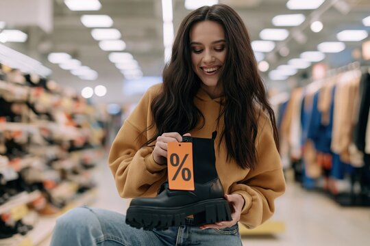 Beautiful young woman trying on shoes