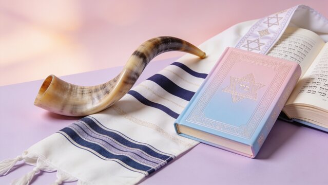 Shofar horn and Tallit prayer shawl with Siddur book on table