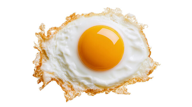 Crispy fried egg with golden yolk and white albumen, isolated on transparent background