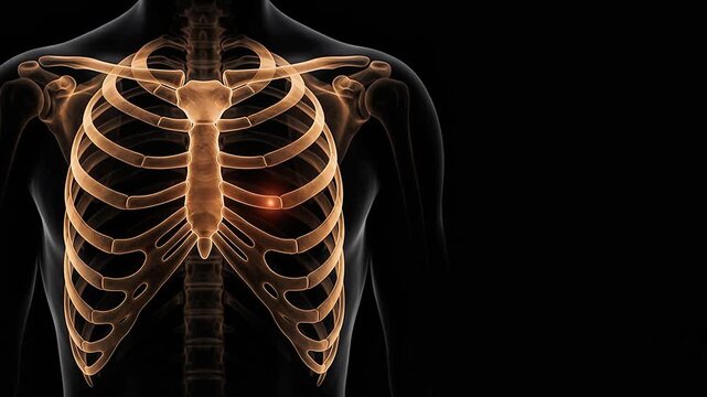 3D Human Ribcage Sternum Skeleton Showing Red Glowing Costochondritis Chest Pain