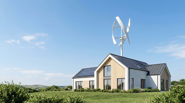 A Sustainable and Eco-Friendly Energy Solution Featuring a Wind Turbine Generator Installed on the Roof of a Modern House Harnessing Wind Power for Renewable Home Electricity wind turbine generator