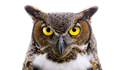 Obraz premium Great Horned Owl head with bright yellow eyes, isolated on transparent background