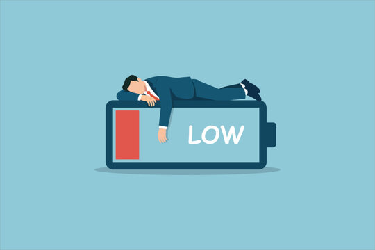 Exhausted businessman lying on low battery icon. Vector illustration for burnout, mental fatigue, low energy, and stress concept.