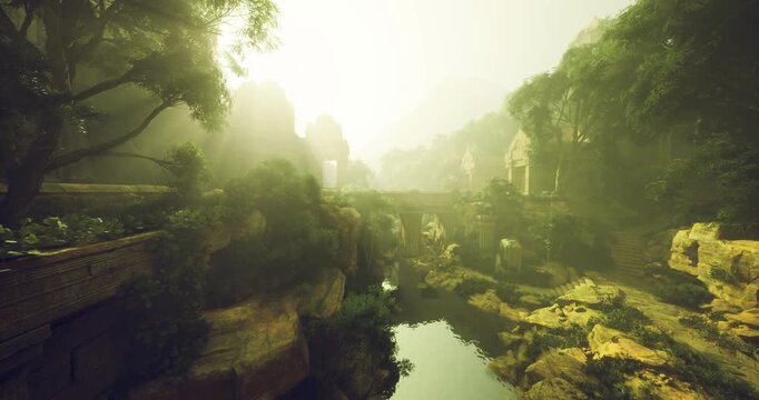 Narrow stone bridge over deep gorge with dramatic cliffs and filtered sunlight scene suggests backpacker crossing, rope expedition and adrenaline travel vibe.