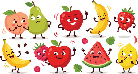 Fototapeta premium Cute Cartoon Fruit Character Collection with Funny Face Expressions and Happy Personalities Including Apple Banana Watermelon Strawberry and Lemon Vector Pack