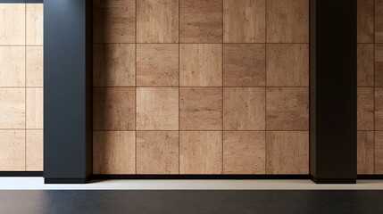 Fototapeta premium Modern interior wall with cork tiles arranged in a grid pattern framed by dark structural columns and a clean floor
