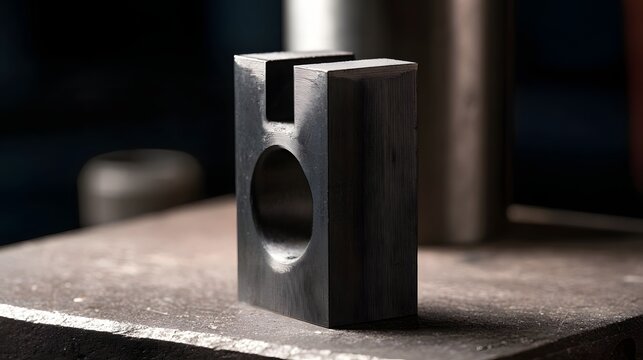 A precision engineered metal component with circular and rectangular cutouts  standing upright on a textured work surface under focused lighting