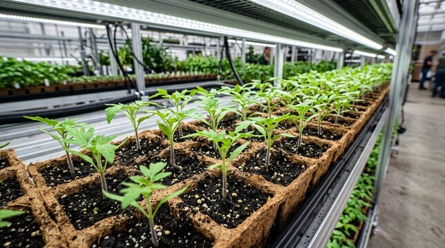 Rows of young tomato seedlings growing under artificial lights in a modern nursery