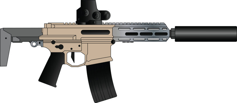 Detailed color vector illustration of a suppressed Honey Badger firearm featuring tan receiver, black optic, and suppressor. Honey badger gun side view vector illustration.