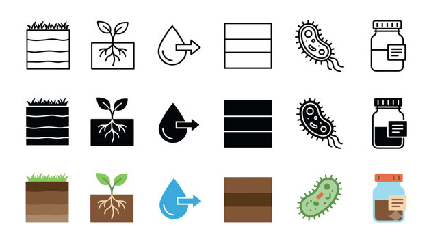 Environmental science, agriculture, and biology related icons illustrate various concepts including soil, plant growth, water, microorganisms, and laboratory samples.