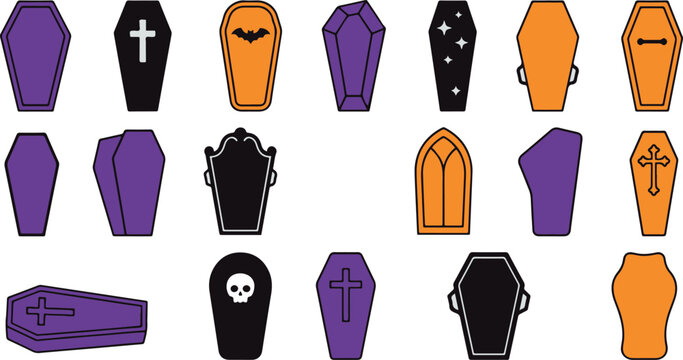 Halloween coffins and caskets vector set in purple orange and black