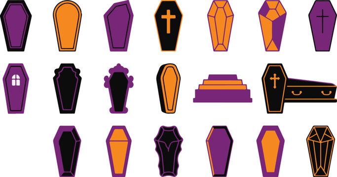 Set of halloween coffins and grave markers in stylized vector art with tombstone