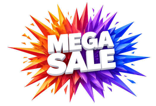 Colorful explosive mega sale text with vibrant geometric shapes and dynamic design isolated