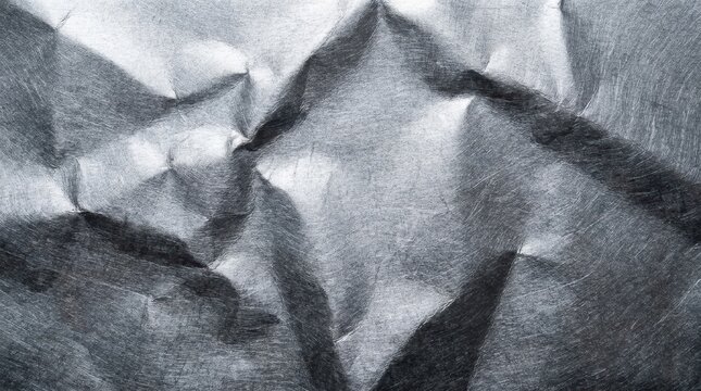 Crumpled silver metallic foil texture with creases and shadows.