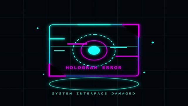 Neon hologram error screen with digital glitches and damaged interface graphics.