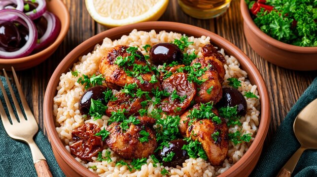 Savory chicken and rice dish garnished with fresh herbs and olives is served.