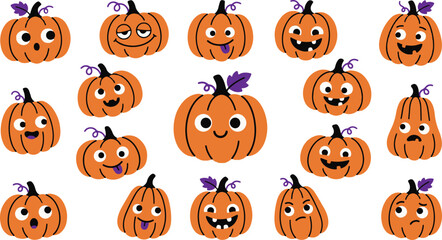 Obraz premium Assorted funny orange pumpkins with various expressions and leaf stems