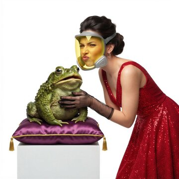 Glamorous woman reluctantly kissing a huge surprised slimy green toad while wearing a yellow safety mask against a surreal fairytale setting