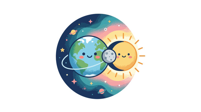Earth sun and moon characters in circular cosmic alignment.
