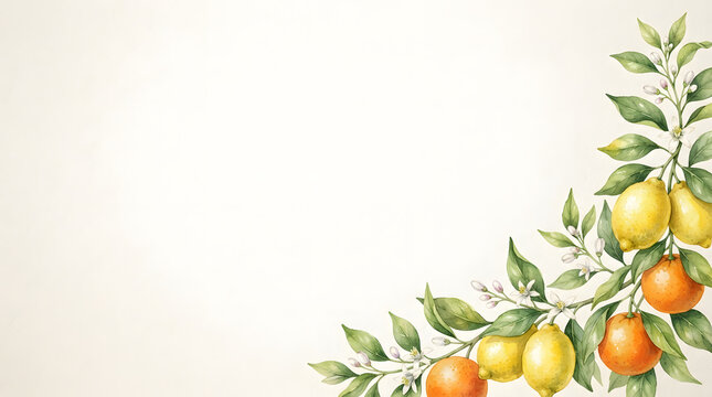Vintage hand-painted citrus botanical collection watercolor illustration featuring lemons and oranges on a branch