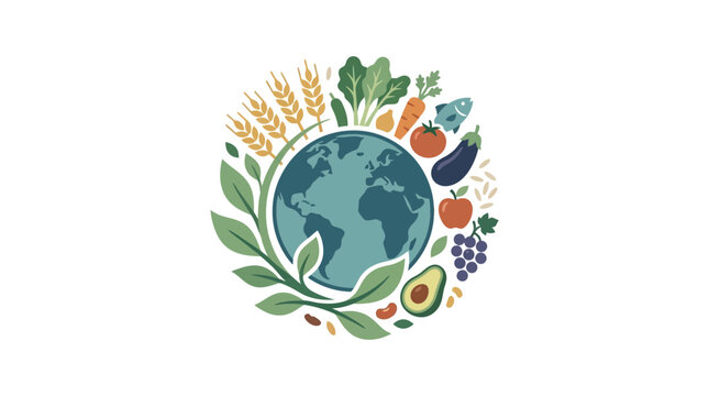Earth surrounded by diverse organic fruits and vegetables.