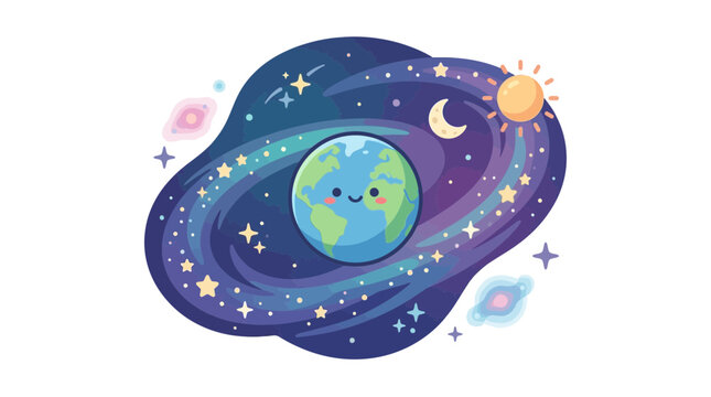 Earth surrounded by rings of stardust sun and moon.