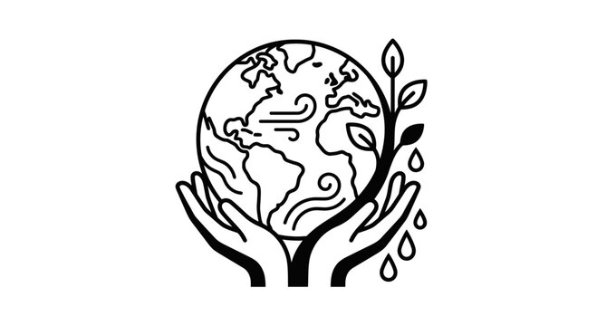 Earth water and leaf line icon in hands