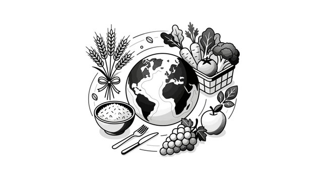 Earth with basket of fresh produce and cutlery.