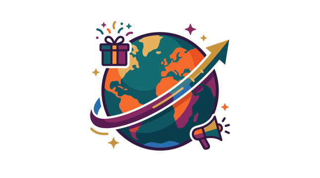 Earth with growth arrow and holiday marketing icons.