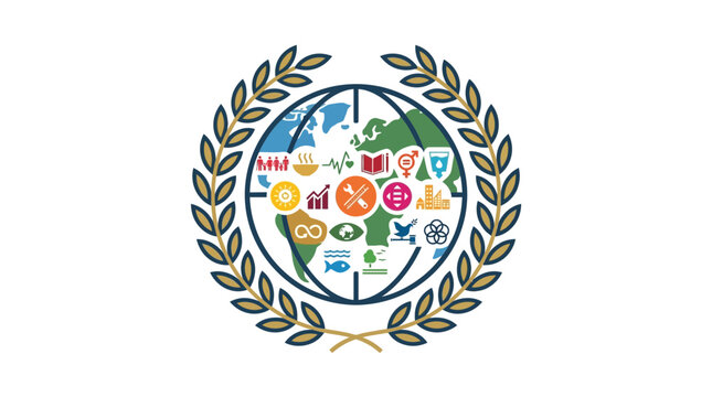 Earth with icons inside laurel wreath for sustainability.