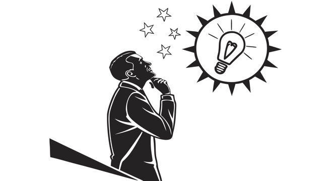 Retro woodcut businessman thinking of a bright idea, vintage man looking at light bulb and stars, creative concept vector