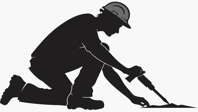 Construction worker silhouette with hard hat, professional builder kneeling with hand tool, industrial repairman vector illustration
