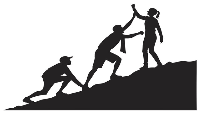 Teamwork silhouette of people helping each other climb mountain. Success and leadership concept. Group of hikers reaching summit.