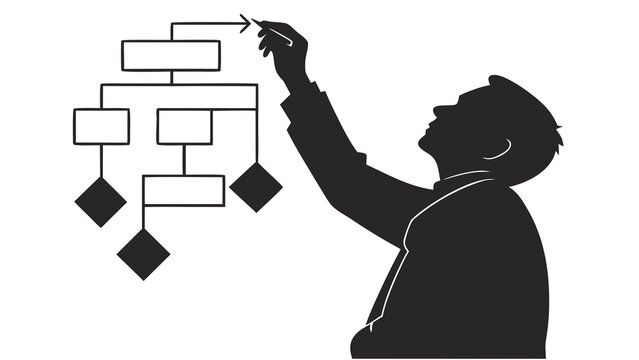Business flow chart silhouette, professional man drawing organizational diagram, corporate strategy planning vector illustration