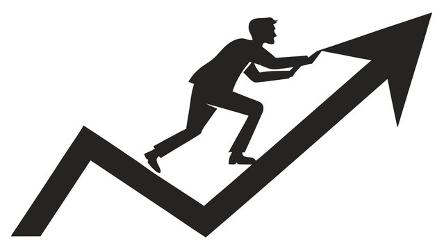 Business growth concept with businessman pushing arrow upward, financial success and market progress silhouette, corporate career advancement vector