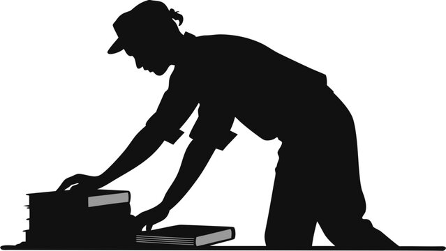 Librarian silhouette organizing books on a shelf. Professional worker stacking literature. Library staff member vector illustration.