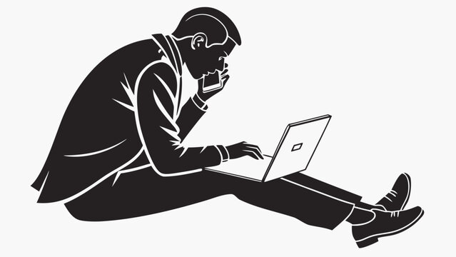 Minimalist businessman silhouette using laptop and smartphone. Professional male entrepreneur working on computer. Black and white office worker vector.