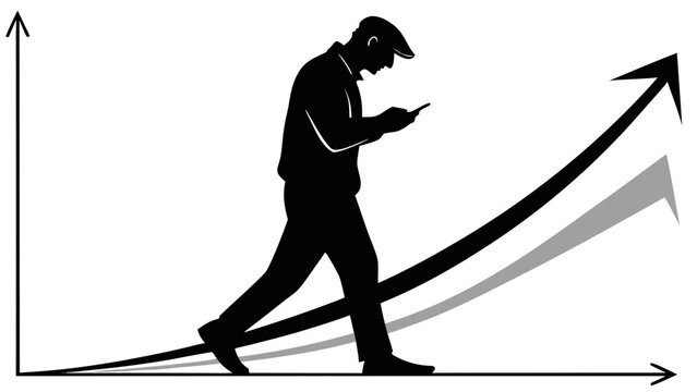 Silhouette of man walking with smartphone on rising growth arrow, business success and financial progress concept vector