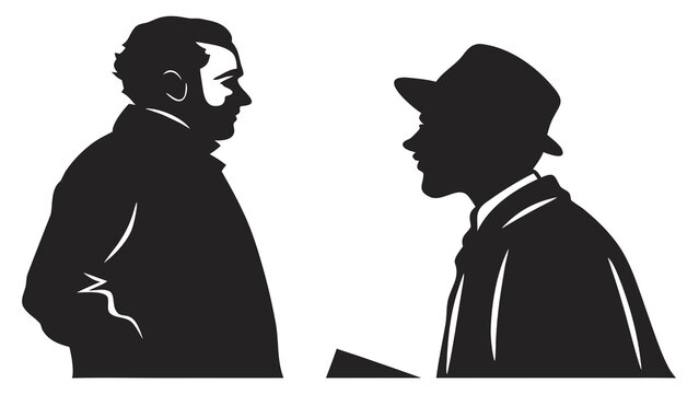 Vintage silhouette of two men talking, retro woodcut style gentleman conversation, black and white profile vector art