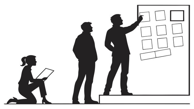 Business team silhouette working on agile board, professional colleagues collaborating on project management task, office brainstorming session