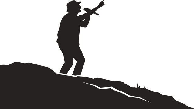 A charismatic silhouette of a male singer performing with a microphone while standing on top of a rugged mountain cliff under an expressive open sky setting