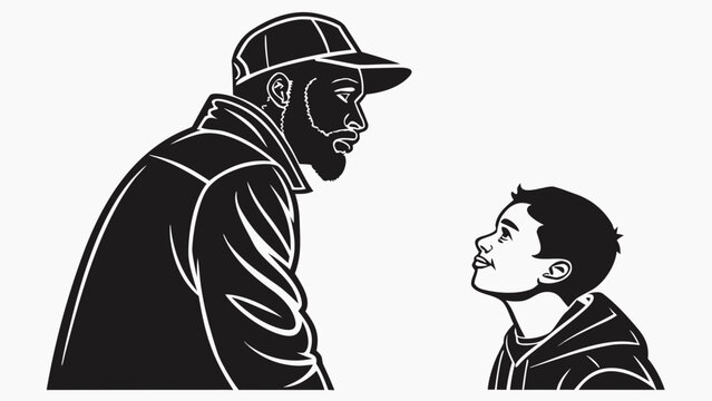 Minimalist father and son silhouette vector, black and white parent child illustration, modern family bond graphic for storytelling