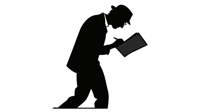 Vintage journalist silhouette writing on notepad. Retro reporter man in hat taking notes. Professional investigator vector illustration.