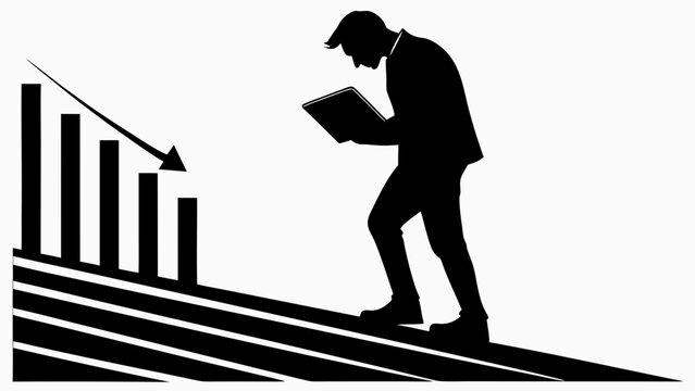 Business failure silhouette, businessman looking at falling market chart, economic recession and financial loss concept vector