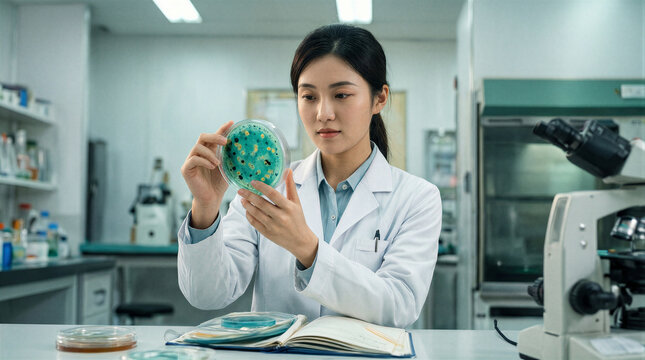 A young Chinese woman in a lab coat carefully examines a bacterial colony on an agar plate, holding it up