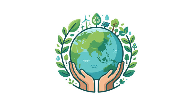 Earth with renewable energy icons in hands